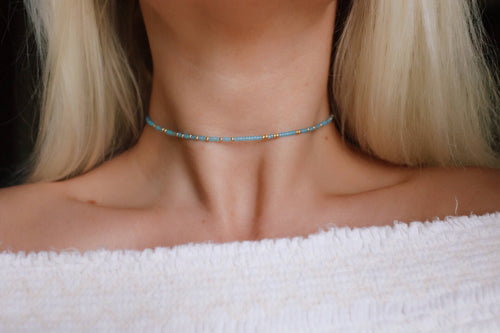 West Coast Metalic Gold And Frosted Aqua Beaded Choker Necklace