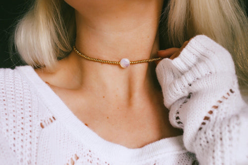Metallic gold opal bezel beaded choker necklace