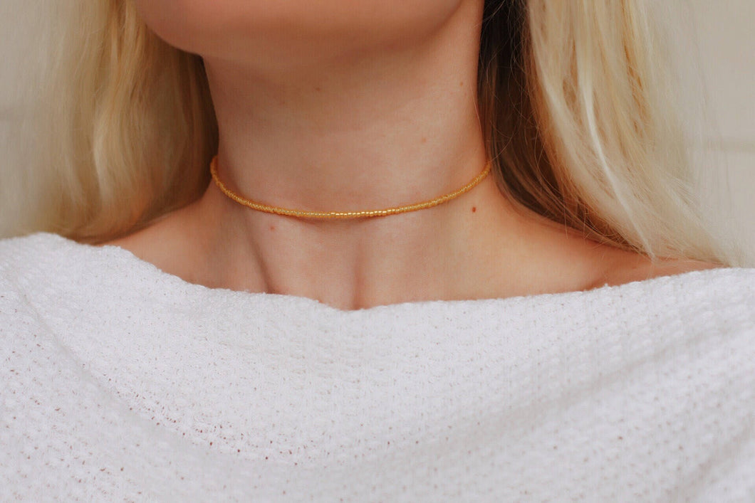 Gold Opal Seed Beaded Choker Necklace