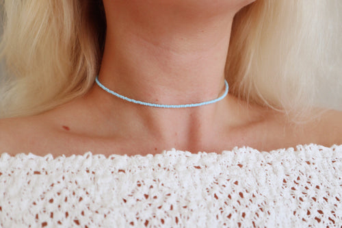 Frosted Baby Blue Beaded Choker Necklace