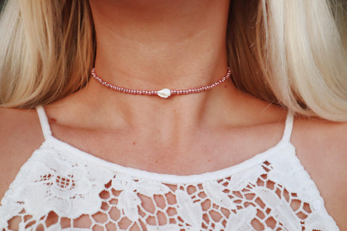 Metallic Rose Gold Beaded Sea Shell Choker Necklace