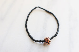 Copper Skull & Roses Matte Black Beaded Bracelet