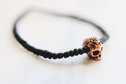 Copper Skull & Roses Matte Black Beaded Bracelet