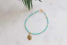 Load image into Gallery viewer, Golden Turquoise &amp; Monstera Palm Leaf Charm Anklet