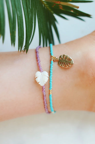 Golden Turquoise & Monstera Palm Leaf Charm Anklet