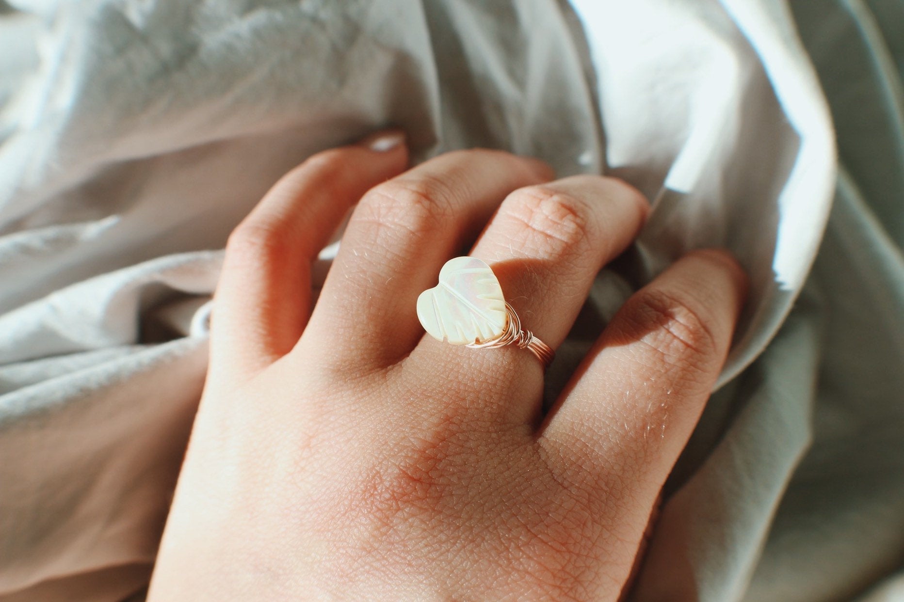 Mother of Pearl Wire Wrapped Monstera Ring, Rose Gold Ring – Bohemian's  Closet