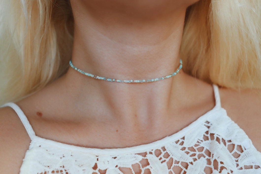 Salty Seafoam Seed Beaded Choker Necklace