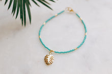 Load image into Gallery viewer, Golden Turquoise &amp; Monstera Palm Leaf Charm Anklet