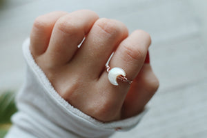 Rose Gold Crescent Moon Ring / Hand Wired Ring / Mother of Pearl Ring / Sterling Silver Ring