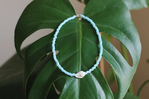 Baby Ocean Blue Opal & Sea Shell Beaded Anklet