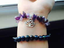 Load image into Gallery viewer, Amethyst Glass Chip Bracelet/Anklet with Lotus Flower Charm