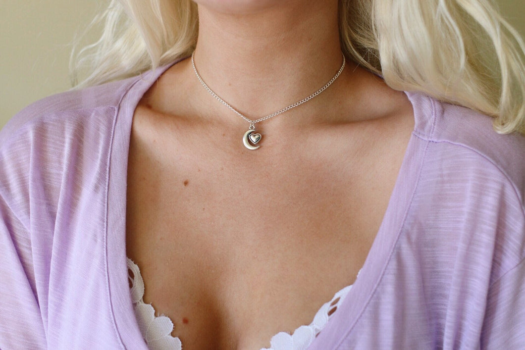 Crescent Moon & Heart Chain Choker Necklace
