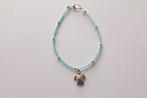 Turquoise Glass Beaded Silver Sea Turtle Anklet