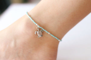 Turquoise Glass Beaded Silver Sea Turtle Anklet