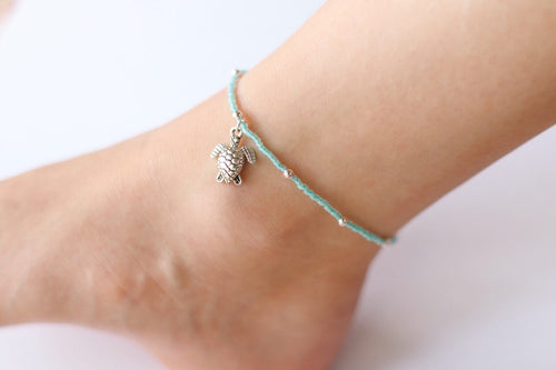 Turquoise Glass Beaded Silver Sea Turtle Anklet