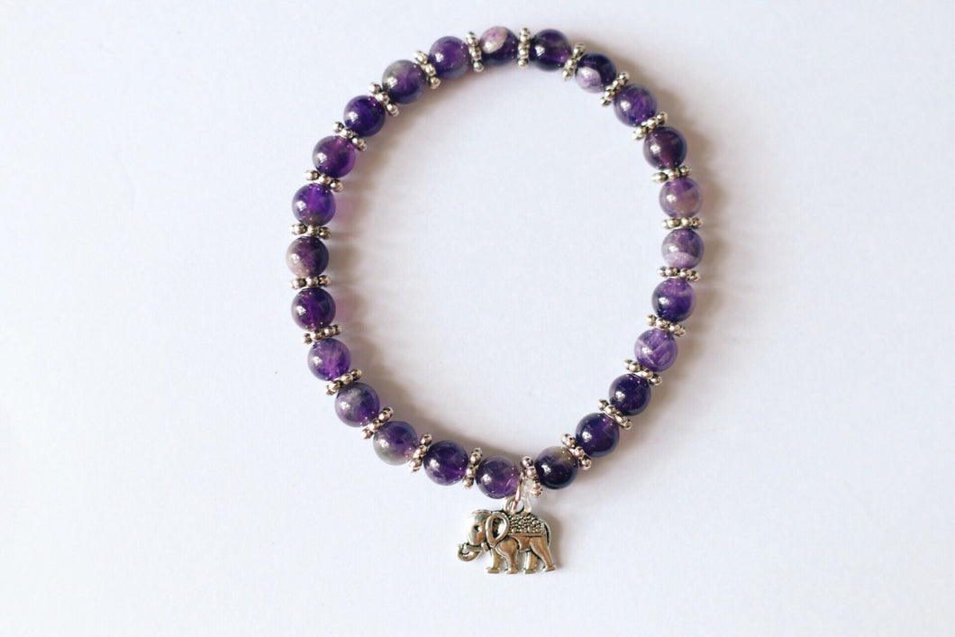Amethyst Glass Beaded Elephant Charm Bracelet