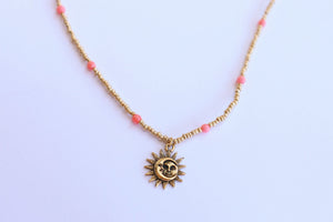Metallic Gold Bamboo Coral Sun & Moon Beaded Necklace