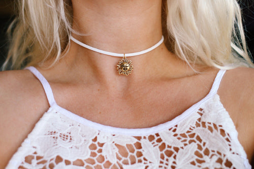 Golden Winking Sun Vegan Suede Choker Necklace