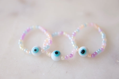 Pastel Rainbow Evil Eye Seed Beaded Stretch Rings