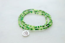 Load image into Gallery viewer, Green Seed Beaded Monstera Charm Stretchy Triple Wrap Bracelet