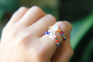 Rainbow seed beaded Star shell rings