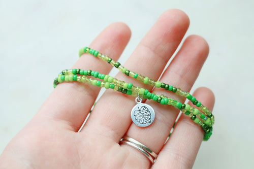 Green Seed Beaded Monstera Charm Stretchy Triple Wrap Bracelet