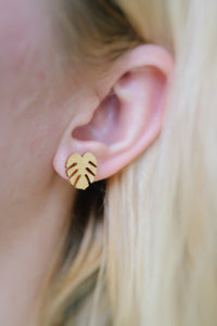 Metallic gold hand painted mini monstera wooden earring studs