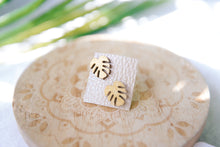 Load image into Gallery viewer, Metallic gold hand painted mini monstera wooden earring studs
