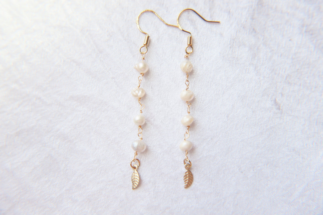 Mini Golden Pearl & Leaf Drop Earrings