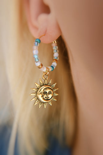 Golden Sun & Moon Seed Beaded Hoop Earrings