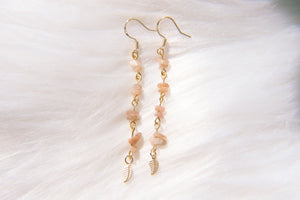 Peach Moonstone Beaded Golden Leaf Earrings