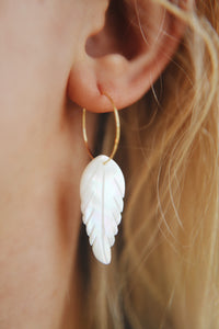 Mother of Pearl Feather Hoop Earrings