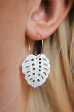 Load image into Gallery viewer, Coconut Cove Monstera Mother Of Pearl Natural Shell Carved Hoop Earrings