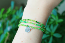 Load image into Gallery viewer, Green Seed Beaded Monstera Charm Stretchy Triple Wrap Bracelet