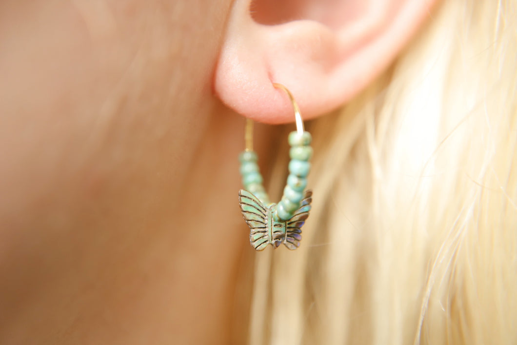 Mini Abalone Butterfly Beaded Hoops Earrings