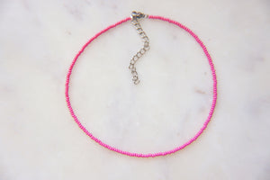 Hot Pink Satin Seed Beaded Choker Necklace