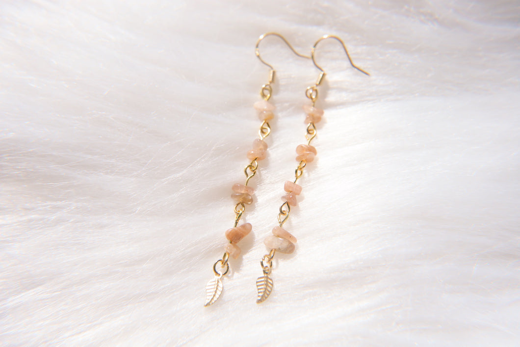 Peach Moonstone Beaded Golden Leaf Earrings