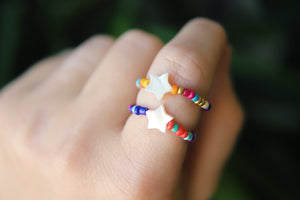 Rainbow seed beaded Star shell rings