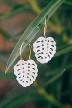 Load image into Gallery viewer, Coconut Cove Monstera Mother Of Pearl Natural Shell Carved Hoop Earrings