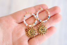 Load image into Gallery viewer, Golden Sun &amp; Moon Seed Beaded Hoop Earrings