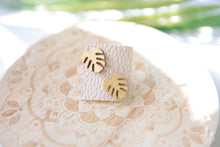 Load image into Gallery viewer, Metallic gold hand painted mini monstera wooden earring studs