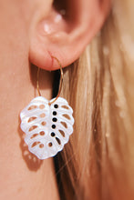 Load image into Gallery viewer, Coconut Cove Monstera Mother Of Pearl Natural Shell Carved Hoop Earrings
