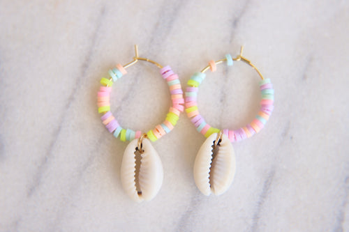 Sunset Breeze Pastel Beaded Shell Mini Hoop Earrings