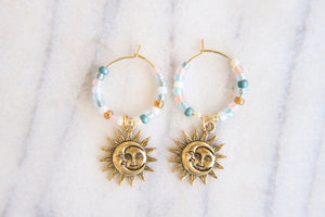 Golden Sun & Moon Seed Beaded Hoop Earrings