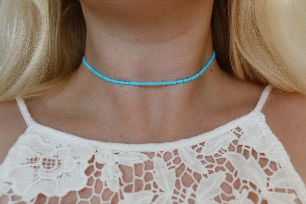 Frosted Blue Surf Seed Beaded Choker Necklace