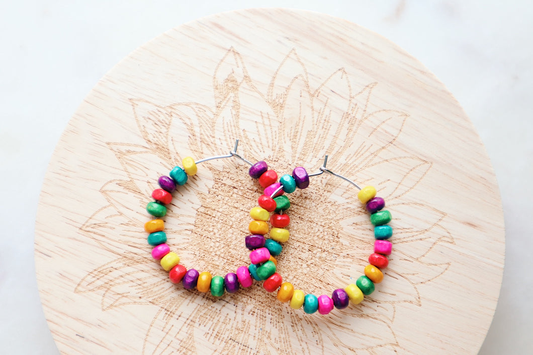 Rainbow Coconut Wood Hoop Earrings