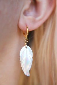 Feather Mother of Pearl Huggie Hoop Lever Back Earrings